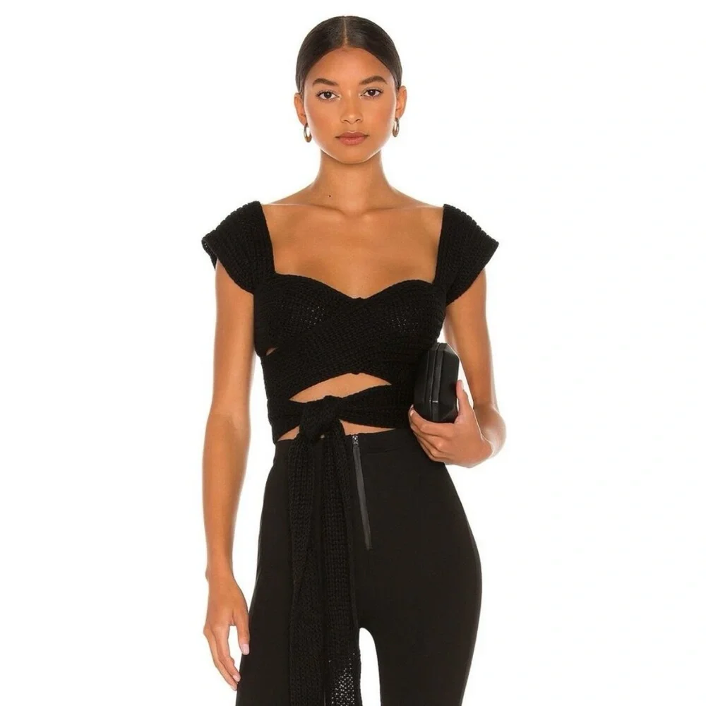 Atoir Tulip Chunky Knit Top Womens 6 Black Cropped Wrap Tie Surplice 100% Cotton - Picture 3 of 14